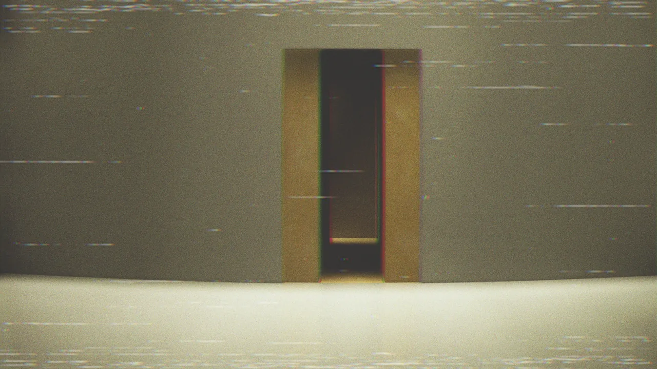 An empty beige room with a single dark doorway and VHS-style distortion lines