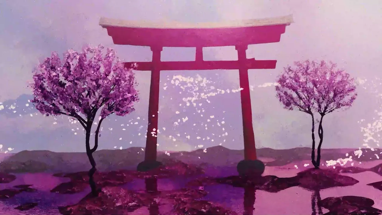 Cherry blossom petals blowing past a red torii gate