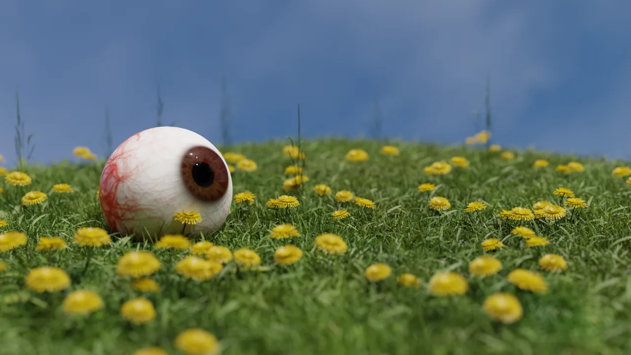 An eyeball lying in a field of yellow dandelions