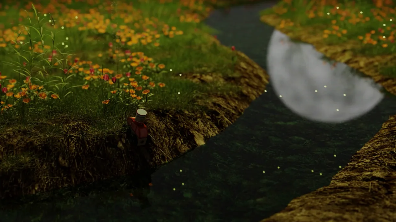Fireflies drifting over a small stream at night, with the moon reflected in the water