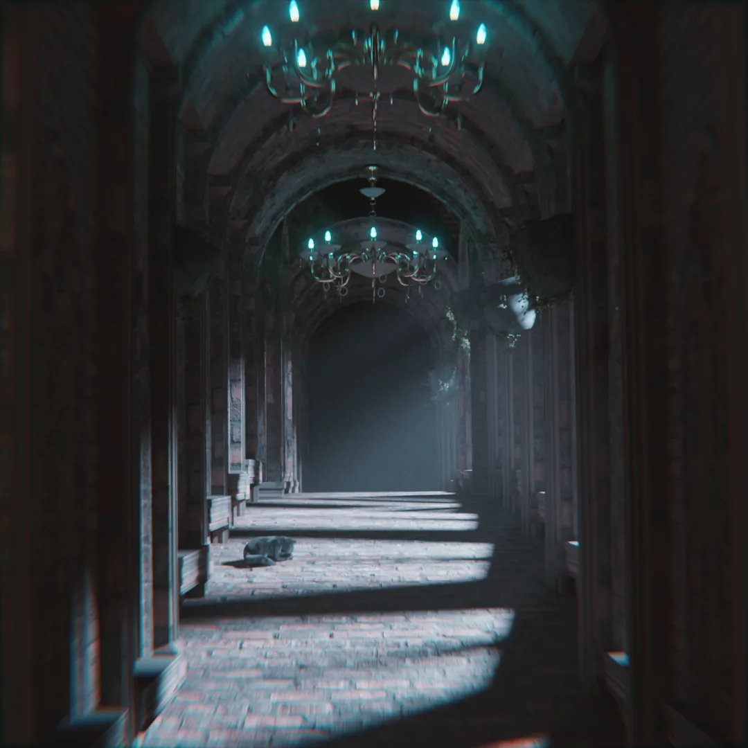 A long stone hallway with chandeliers and light falling across the floor, where a cat is resting