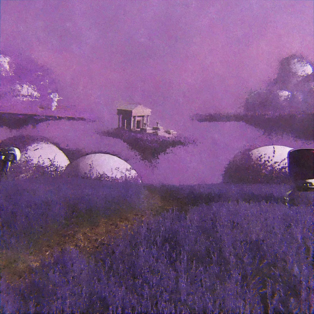 Purple fields with white domes and a small temple on a floating island