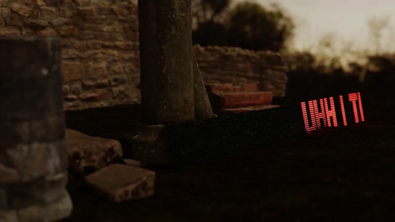 Ruined stone walls at dusk with a red LED sign glowing in the dark