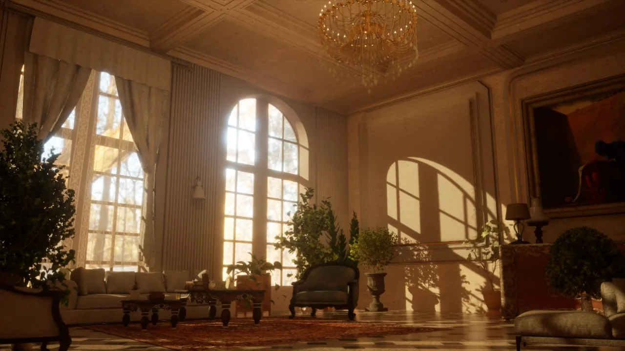 An ornate living room with tall arched windows, a chandelier and afternoon sunlight falling across the floor