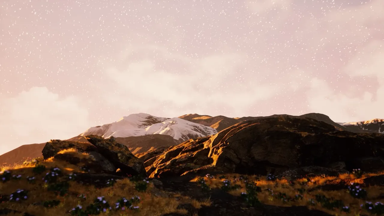 Snow-capped mountains and rocky slopes with wildflowers in warm evening light