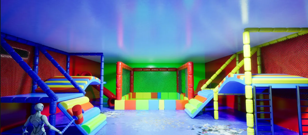 A brightly coloured indoor play area with climbing frames, slides and a ball pit