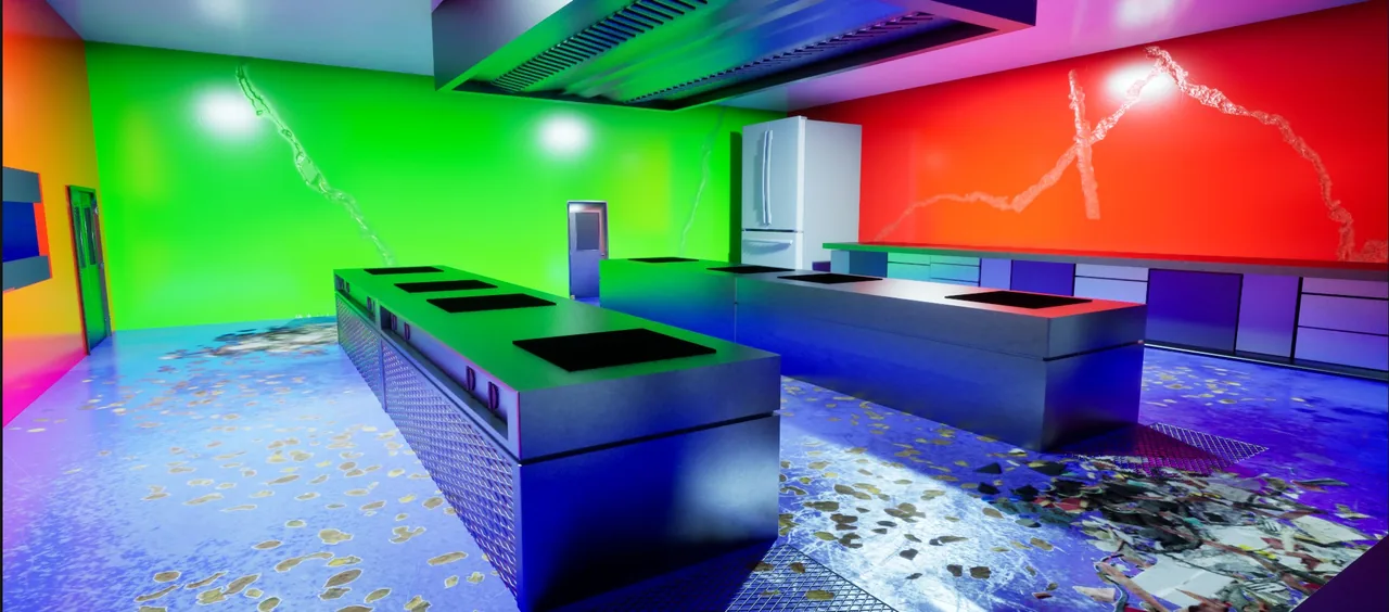 A restaurant kitchen with steel counters and green, red and pink walls