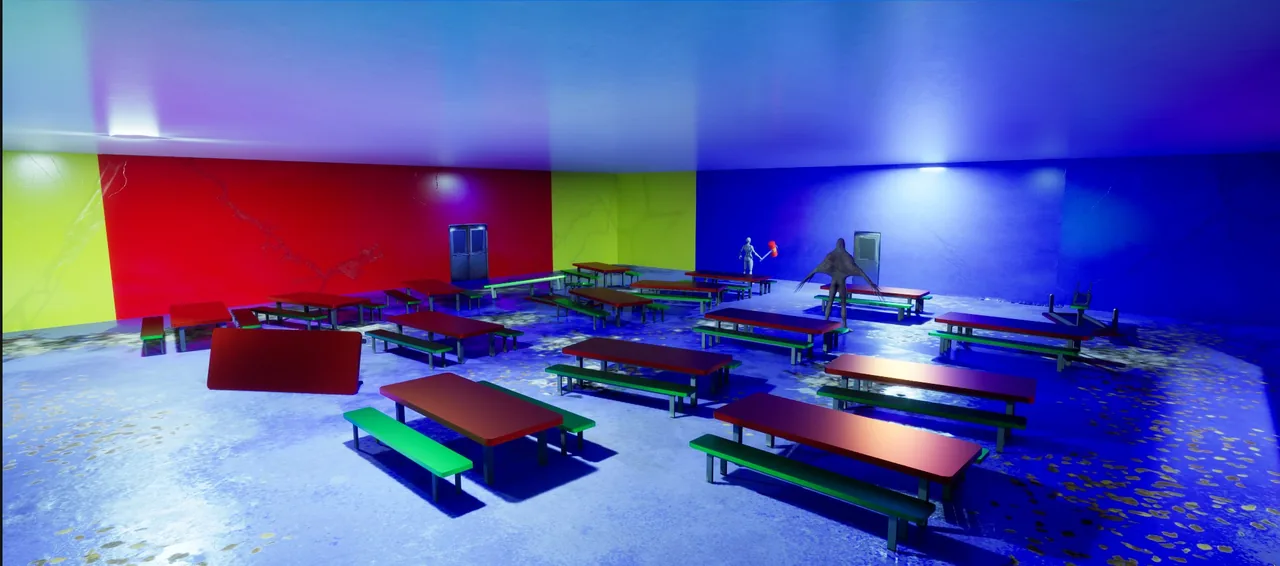 A large dining hall with long tables and benches
