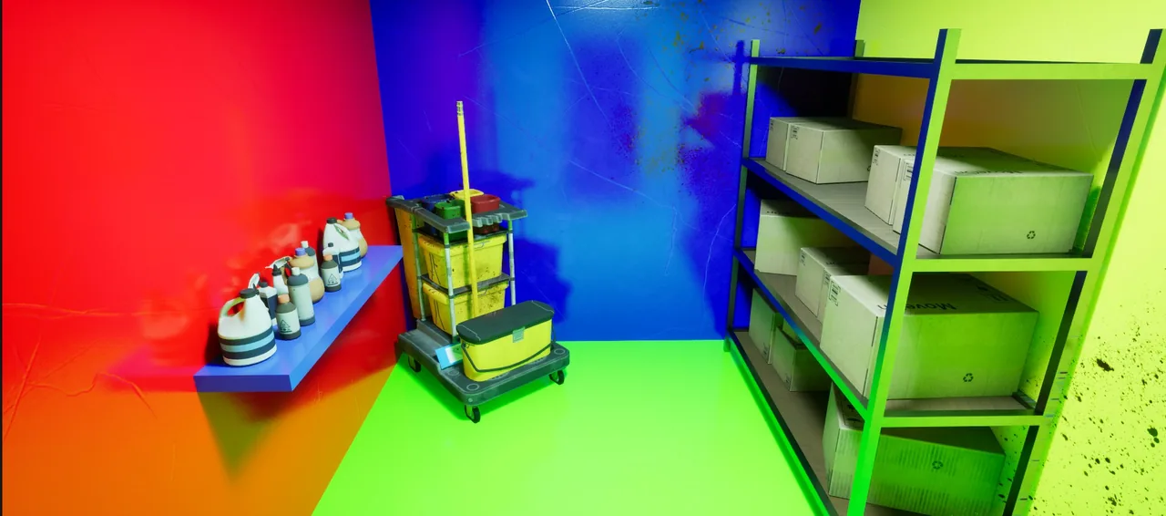 A storage room with shelves of boxes, cleaning bottles and a janitor's cart