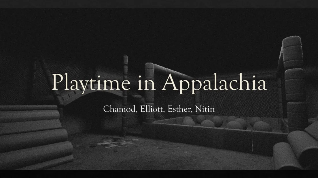 Title card reading Playtime in Appalachia, with the names Chamod, Elliott, Esther and Nitin