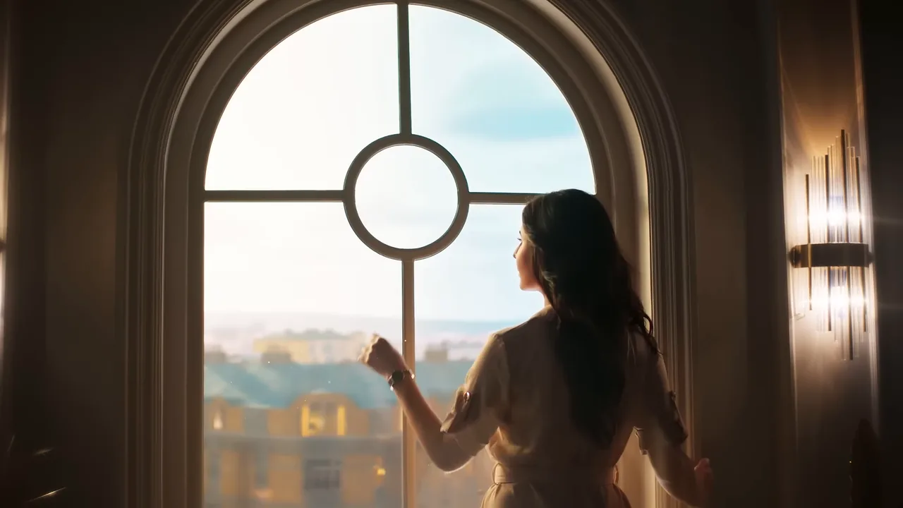 City environment, rooftops seen through an arched window