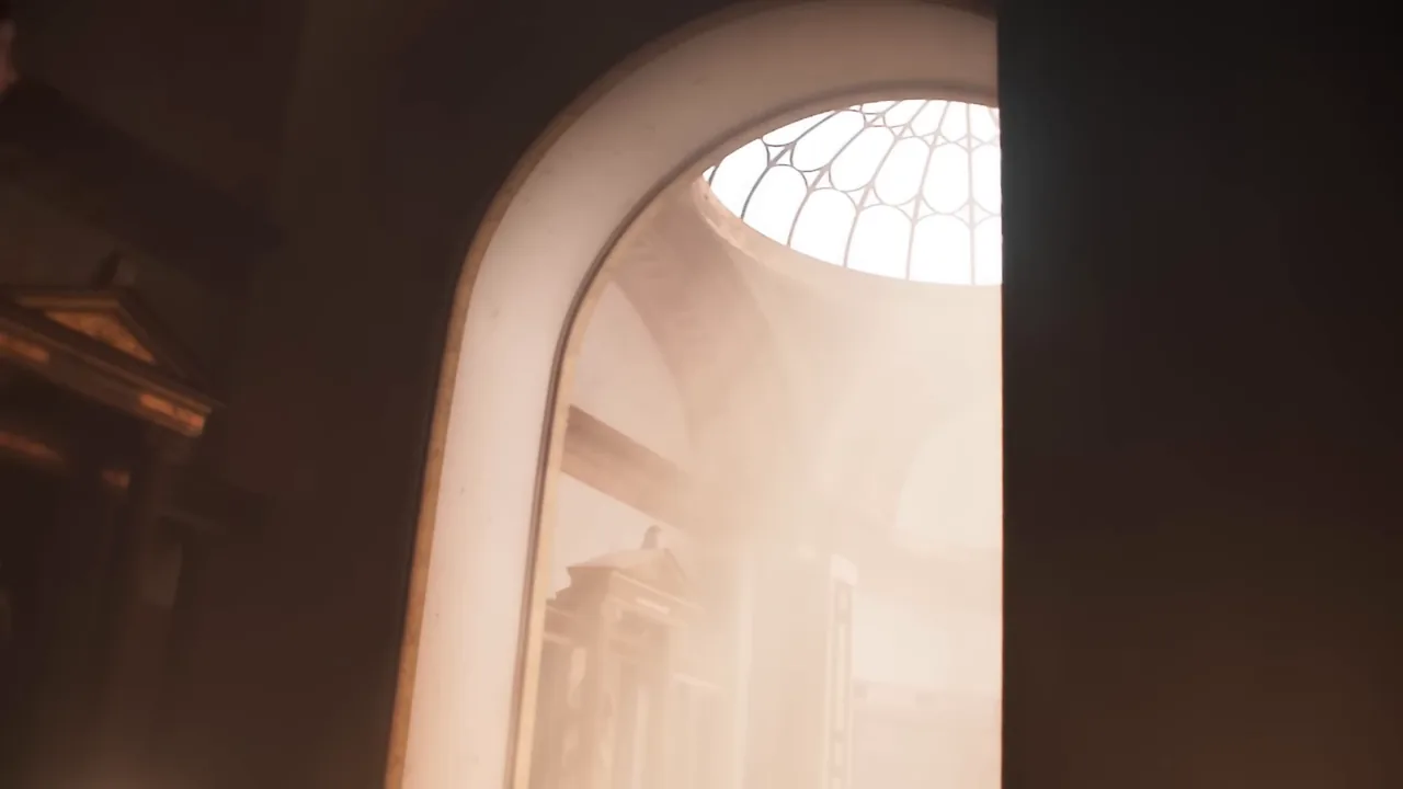 Dome environment, light falling through a glass dome and arched doorway