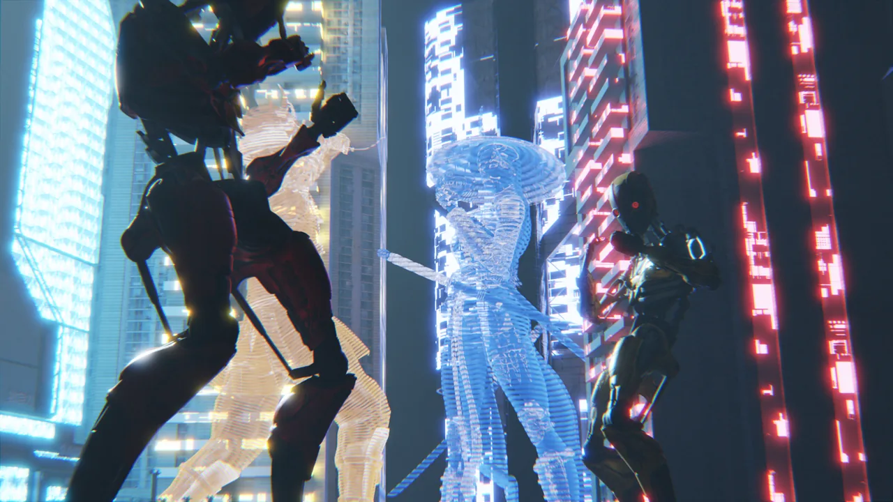 Two robots fighting between neon-lit skyscrapers, with holographic figures behind them