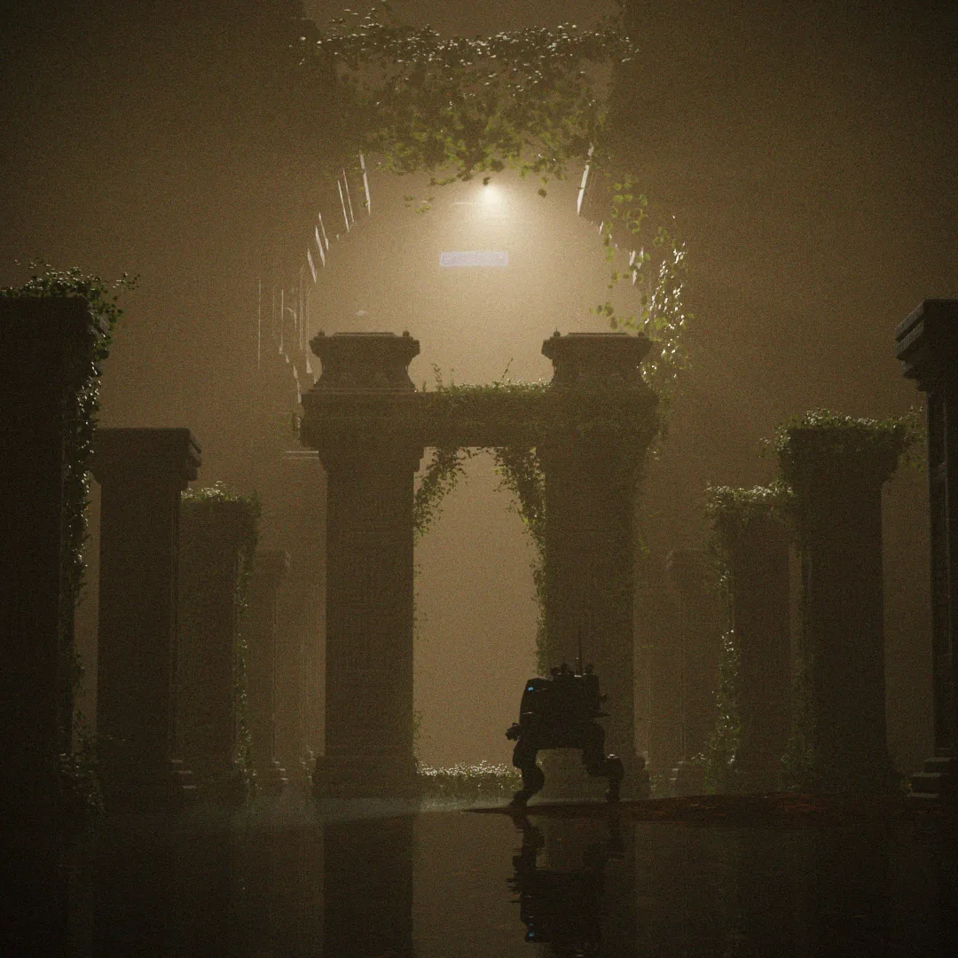 A small walking robot in a foggy, overgrown temple of stone columns