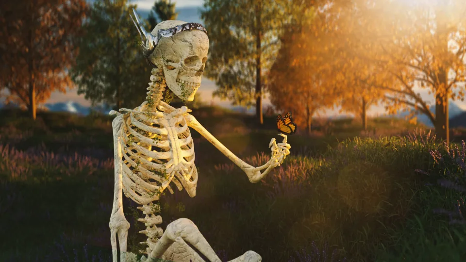A skeleton wearing a crown sits in a sunlit meadow, holding a butterfly on its hand