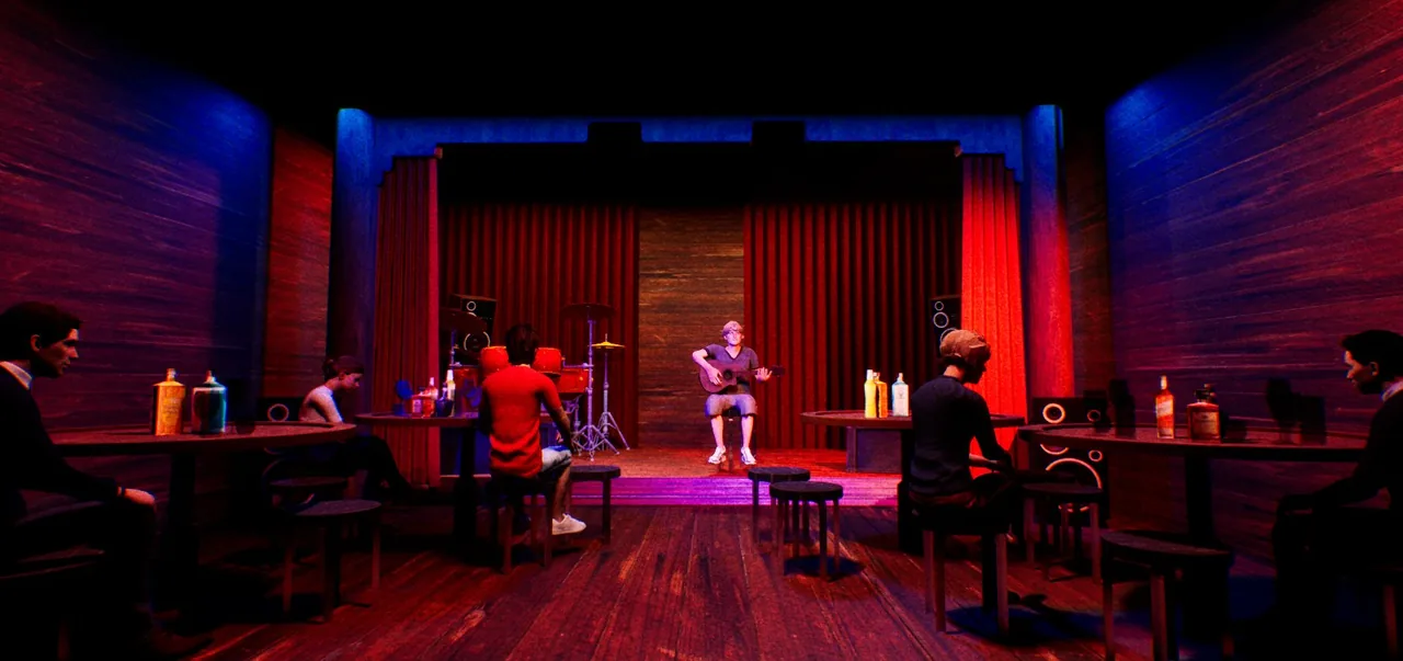 A small bar with a red-lit stage where a musician plays guitar to people at tables