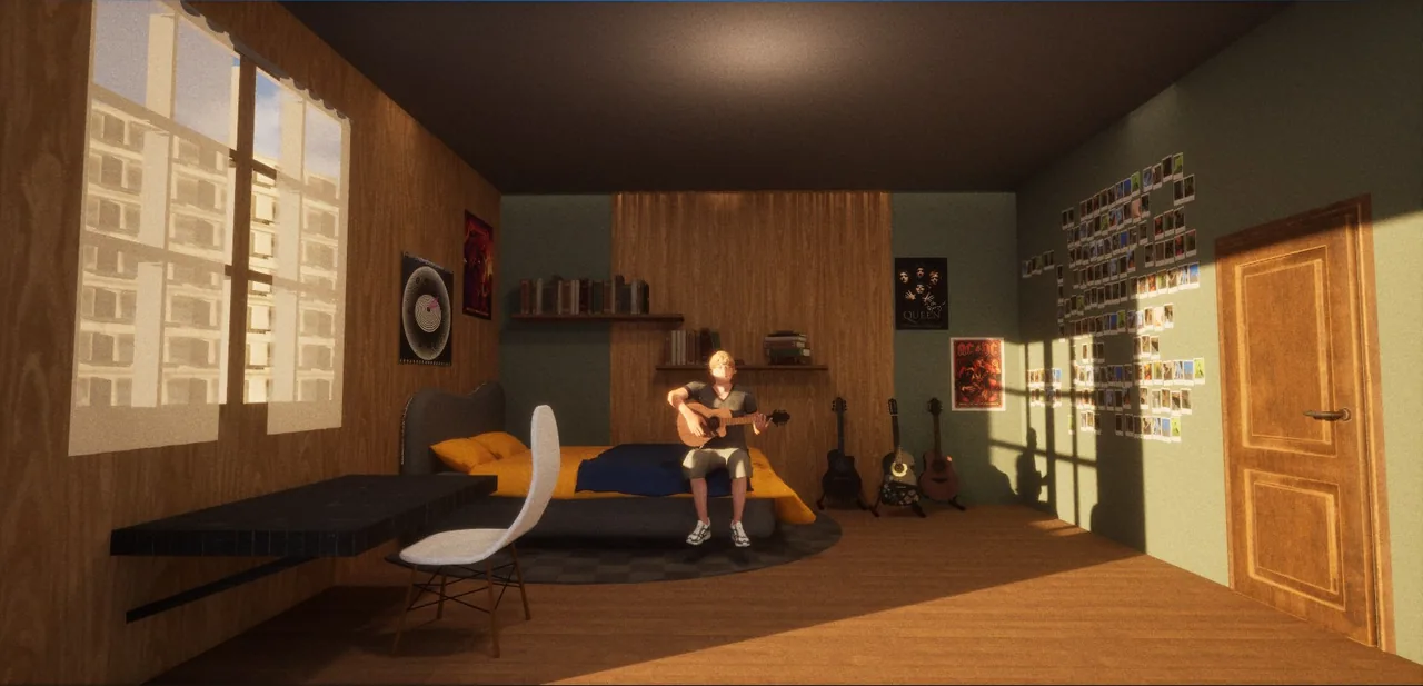 A bedroom with wooden walls, a bed, guitars on stands and photos pinned to the wall