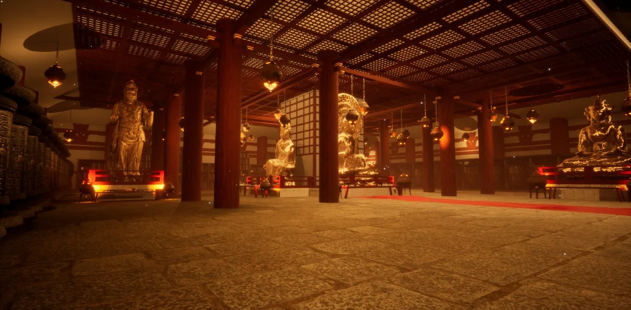 Inside the temple hall, with dark red wooden columns, a lattice ceiling and gilded statues lit by lanterns