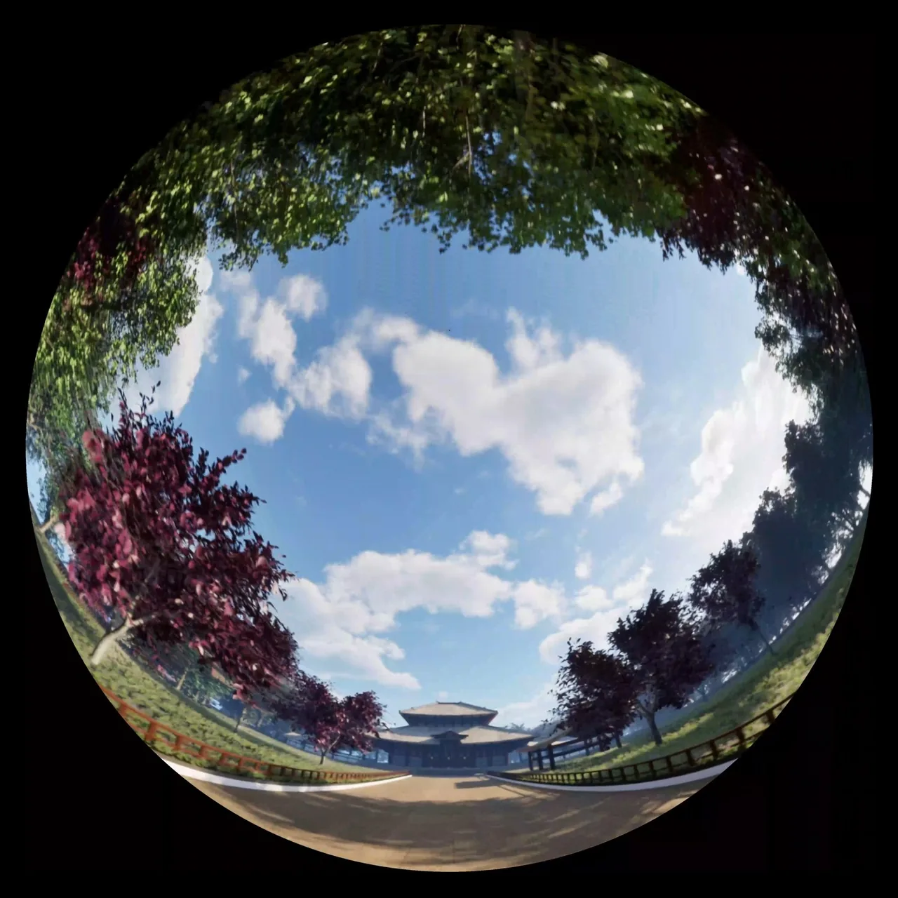 Circular fisheye render of the temple approach and the sky