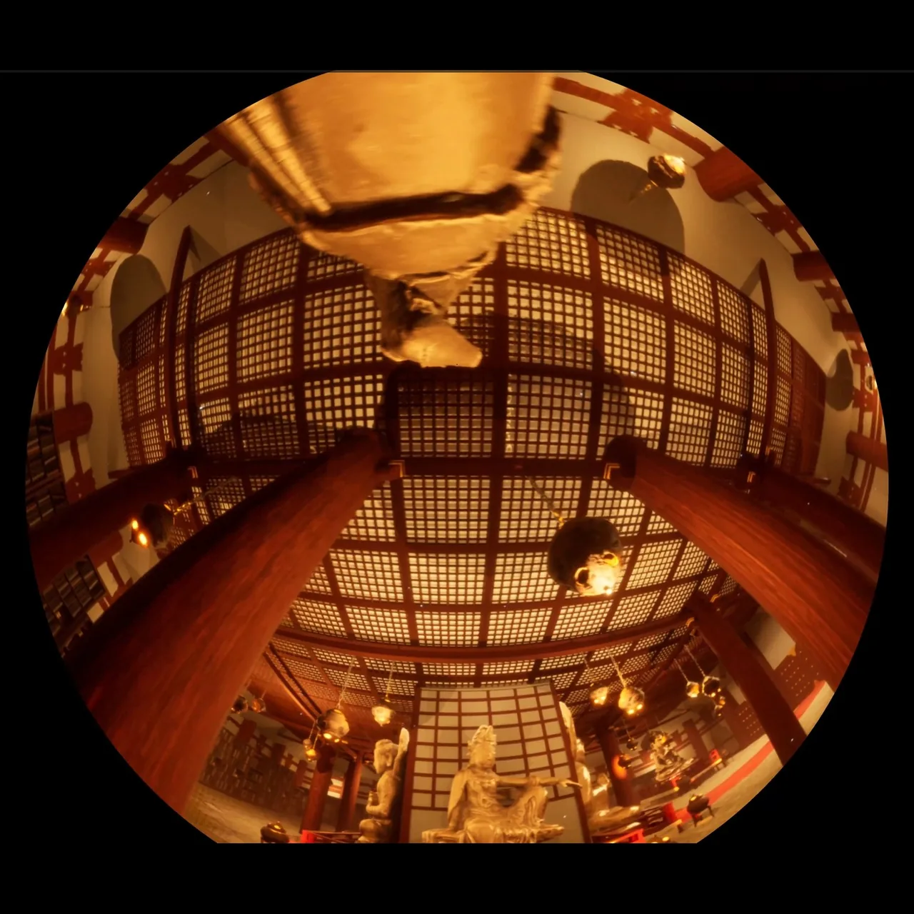 Circular fisheye render looking up at the hall's lattice ceiling